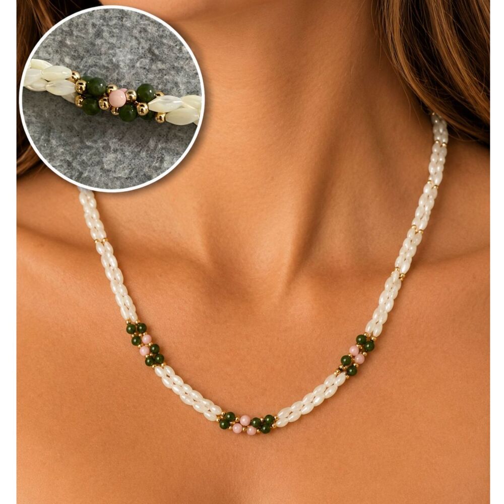 White Beaded Necklace Green Pink Accent Beads Gold Tone 23" Floral Cottagecore